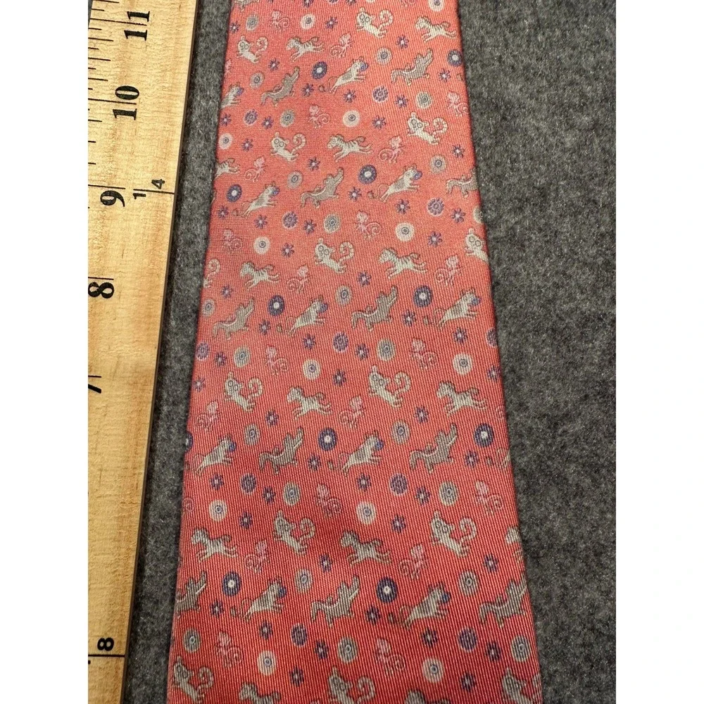 Salvatore Ferragamo Silk Tie Coral Pink Animal Print Monkey Zebra Made in Italy